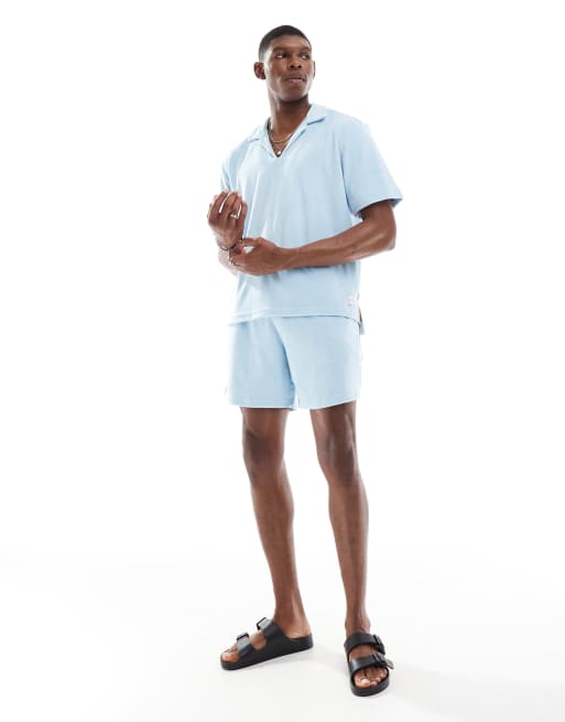 Pantaloncini da bagno - Pantaloncini da mare azzurri in spugna in coordinato, 3 di 4