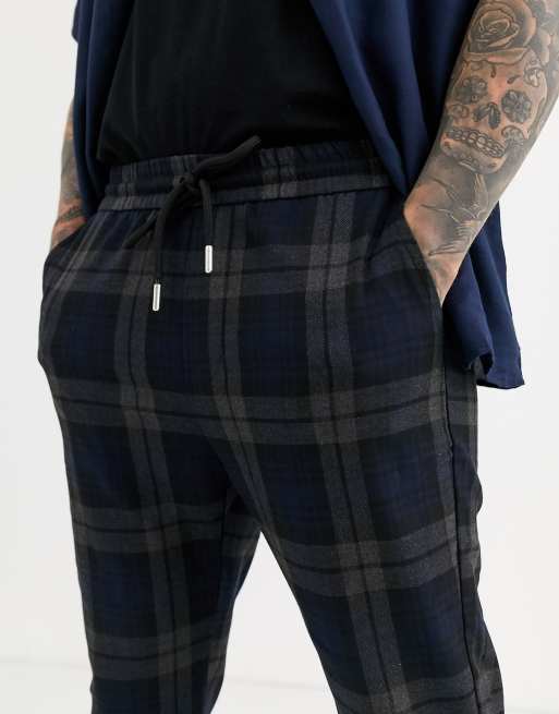 Pantalones a cuadros grandes con cintura elástica en azul marino de Only & Sons, 3 de 4