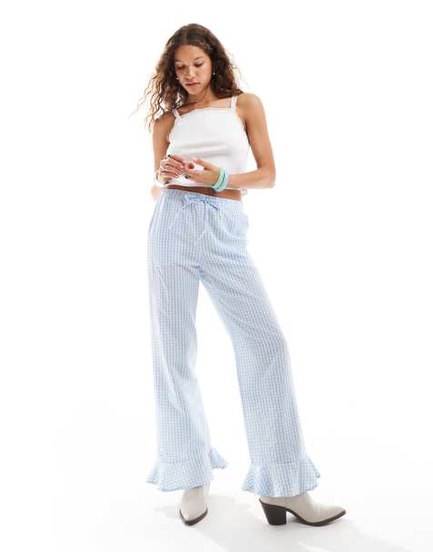Pantalones a cuadros vichy azules sin cierres con bajo de volantes de Reclaimed Vintage - view 1