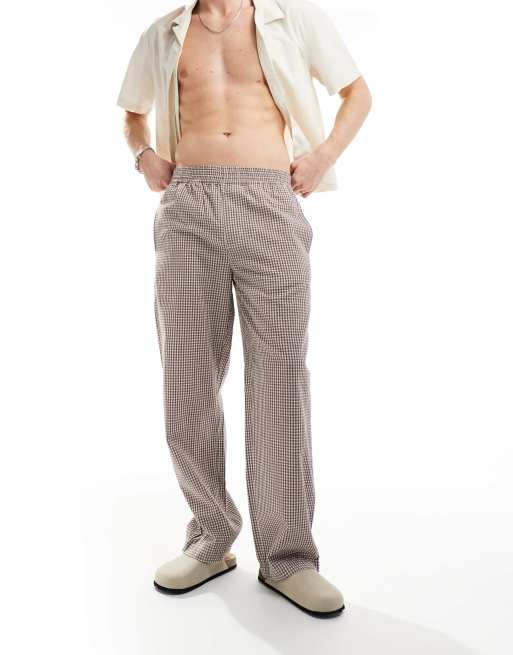Pantalones a cuadros vichy marrones y blancos holgados de lino de ASOS DESIGN 