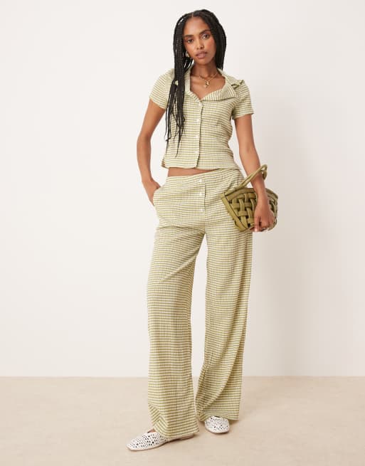 Pantalones a cuadros vichy verdes de pernera ancha con detalle de botones de ASOS DESIGN (parte de un conjunto)
