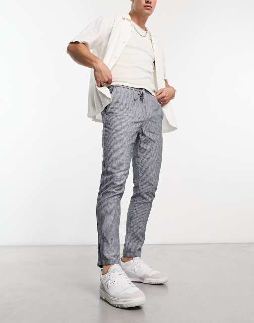 Pantalones a rayas azules de corte tapered de mezcla de lino de Only & Sons 