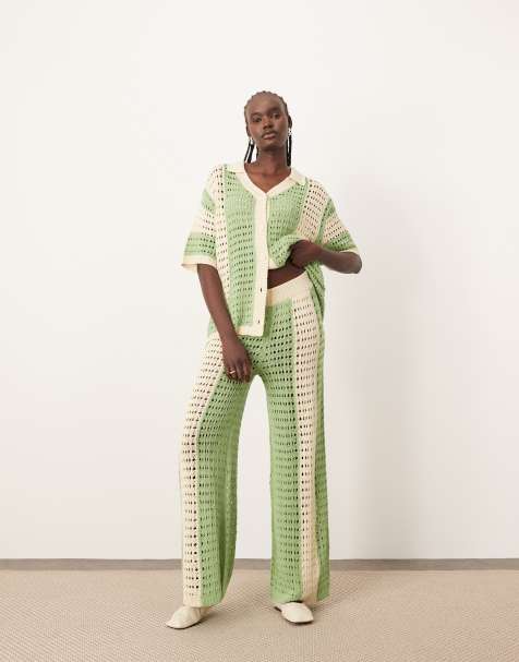 Pantalones a rayas verdes verticales de pernera ancha de punto de ARRANGE (parte de un conjunto) - view 1
