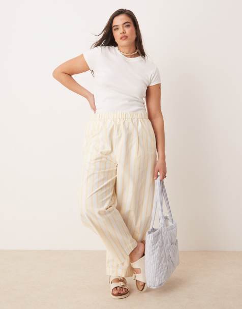 Pantalones amarillos a rayas de corte barrel de tejido efecto lino de ASOS DESIGN Curve - view 1