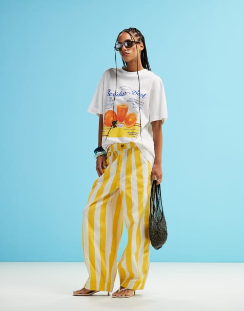 Pantalones amarillos a rayas veraniegas de pernera barrel sin cierres de ASOS DESIGN - view 1