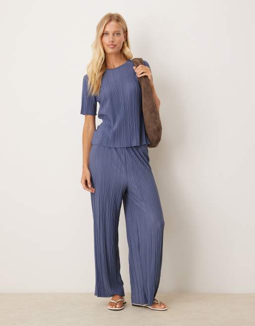Pantalones azul añil envejecido plisados de pernera ancha de VILA (parte de un conjunto)