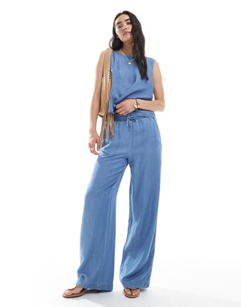 Pantalones azul cambray medio de pernera ancha de Vero Moda (parte de un conjunto) - view 1