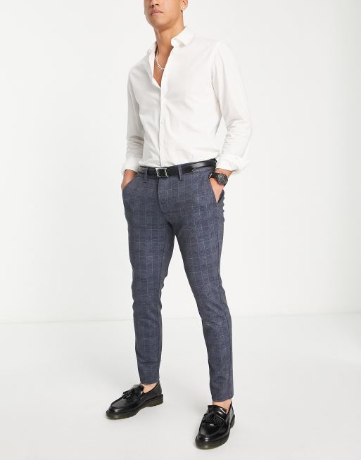 Pantalones azul marino a cuadros de corte slim de punto de Only & Sons