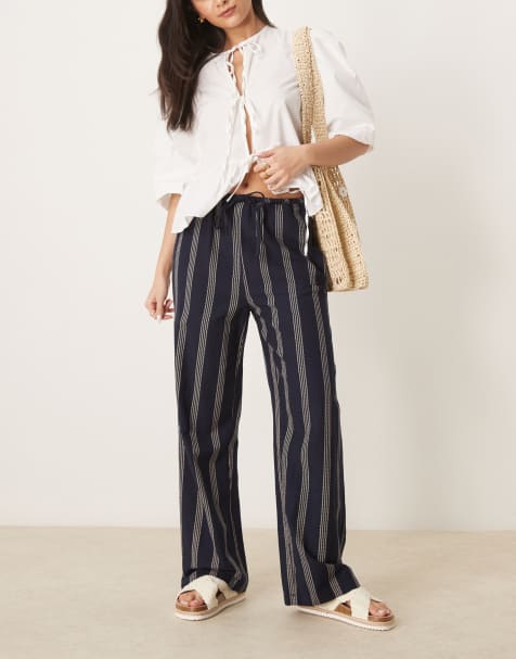 Pantalones azul marino a rayas de pernera ancha con lazada en la cintura de tejido efecto lino de VILA - view 1