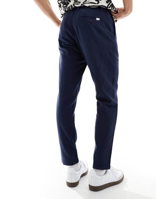 Pantalones azul marino de corte tapered slim de mezcla de lino de Selected , 3 de 5