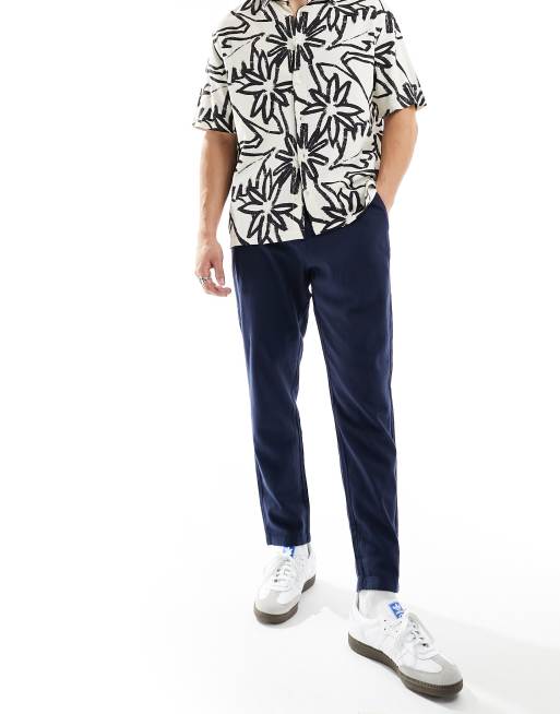 Pantalones azul marino de corte tapered slim de mezcla de lino de Selected , 4 de 5