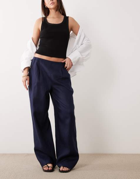 Pantalones azul marino de pernera ancha con detalle de pinzas de mezcla de lino de ASOS DESIGN - view 1