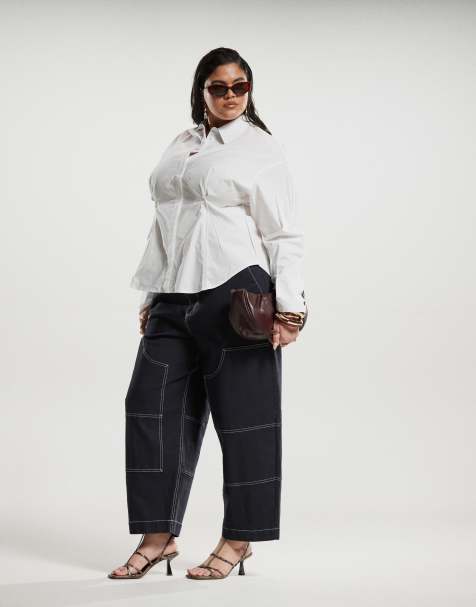 Pantalones azul marino de pernera barrel con pespuntes en contraste de ASOS DESIGN Curve - view 1