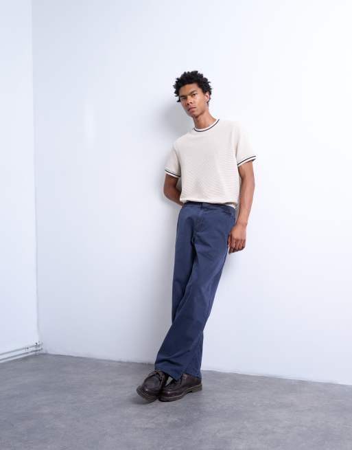 Pantalones azul marino de pernera recta con cintura elástica de sarga de Topman, 3 de 5