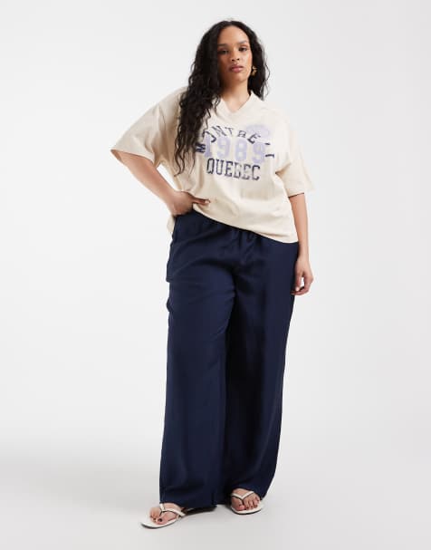 Pantalones azul marino de talle alto de tejido texturizado de ONLY Curve - view 1