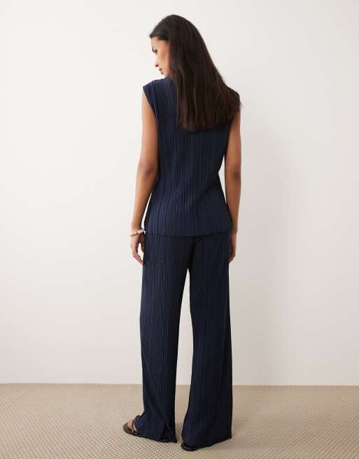 Pantalones azul marino plisados de pernera ancha de Vila (parte de un conjunto), 4 de 5