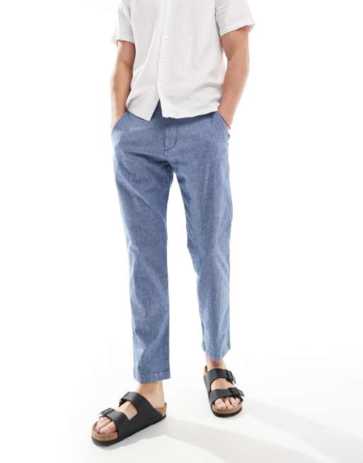 Pantalones azul medio de corte suelto con pinzas de mezcla de lino de Hollister