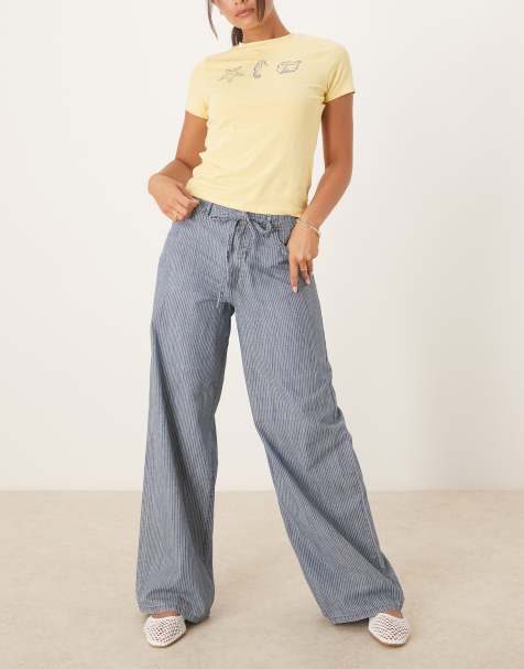 Pantalones azules a rayas con lazada en la cintura de algodón de Mango - view 1