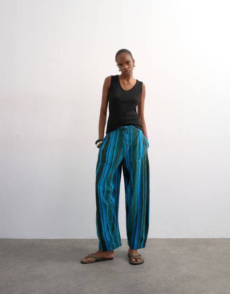 Pantalones azules a rayas de corte depurado y pernera barrel con lazada en la cintura de lino de Topshop - view 1