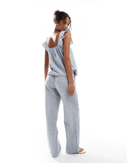 Pantalones azules a rayas de pernera ancha con lazada en la cintura de algodón Mix & Match de Pieces, 2 de 5