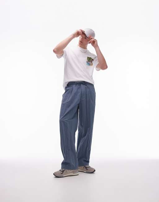 Pantalones azules de pernera ancha con cintura paperbag premium de Topman