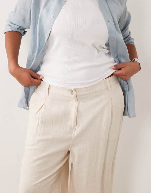 Pantalones beis de pernera ancha con detalle de pinzas de mezcla de lino de ASOS DESIGN Curve, 3 de 5