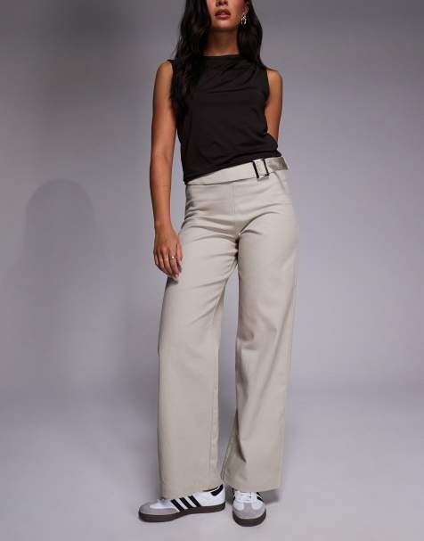 Pantalones beis de pernera ancha de denim de algodón con detalle de cinturón con hebilla de metal exclusivos de The Frolic - view 1