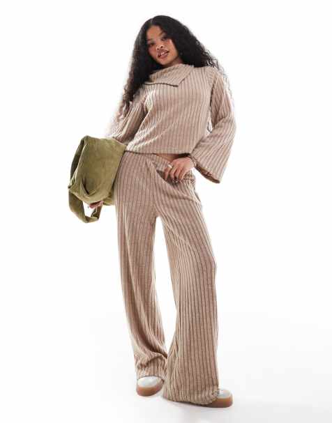 Pantalones beis de pernera ancha de punto acanalado de Vero Moda Petite (parte de un conjunto) - view 1