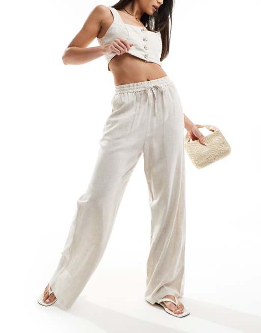Pantalones beis de pernera ancha sin cierres de tejido flameado de mezcla de lino de Miss Selfridge