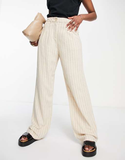 Pantalones beis de pernera ancha y corte extragrande a rayas de lino de ASOS DESIGN 