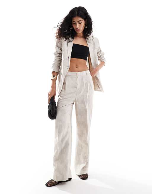 Pantalones beis de pernera recta a rayas de mezcla de lino de Mango (parte de un conjunto)