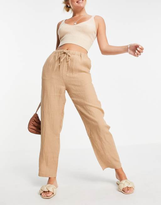 Pantalones beis de pernera recta de lino de Mango