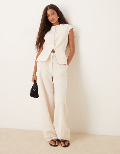 Pantalones beis de sastre de pernera barrel de mezcla de lino de ASOS DESIGN - view 1