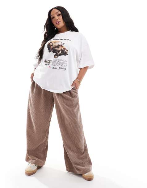 Pantalones beis sin cierres de pernera ancha de pana de ASOS DESIGN Curve - view 1