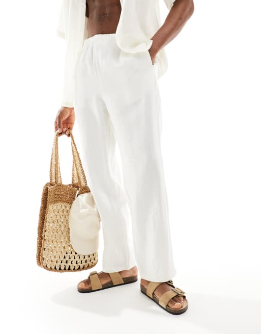 Pantalones blanco hueso de mezcla de lino Seth de Weekday, 4 de 5