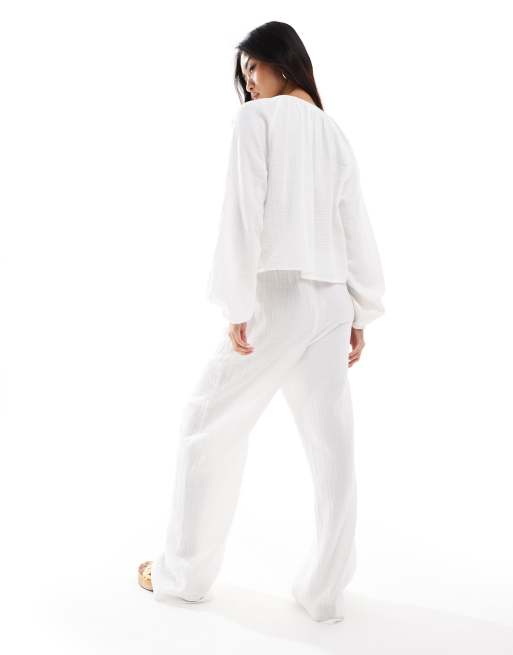 Pantalones blancos con cordón ajustable de mezcla de lino de Pimkie (parte de un conjunto), 3 de 5