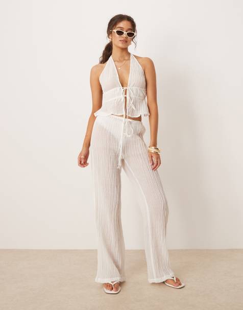 Pantalones blancos con lazada en la cintura de ramio efecto rugoso de Mango (parte de un conjunto) - view 1