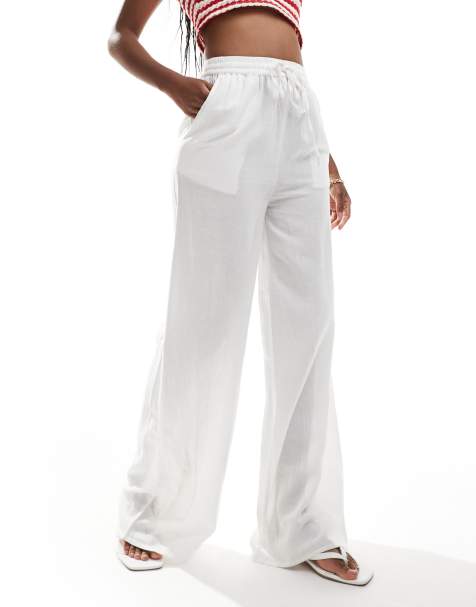 Pantalones blancos de pernera ancha con cordón ajustable de mezcla de lino de In The Style - view 1