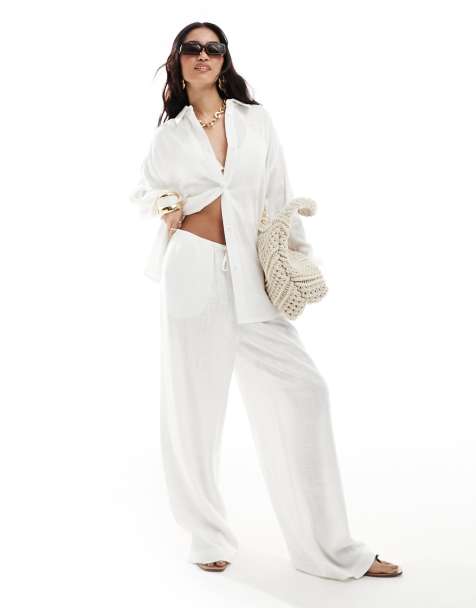 Pantalones blancos de pernera ancha sin cierres de mezcla de lino de ASOS DESIGN - view 1