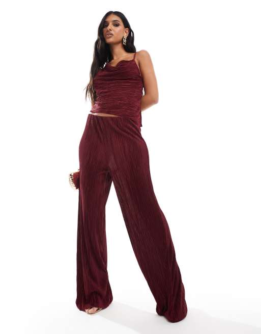 Pantalones burdeos plisados de talle alto y pernera ancha de ASOS DESIGN (parte de un conjunto) 