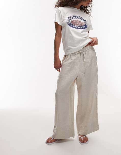 Pantalones capri beis claro con cordón ajustable en la cintura de lino de ARKET - view 1