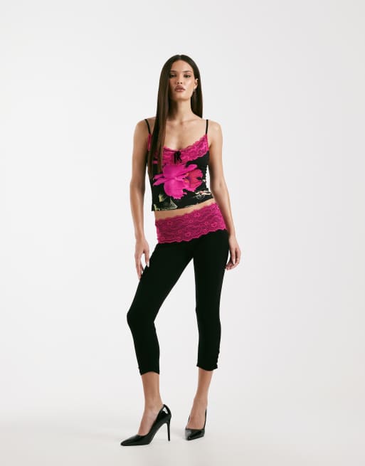 Pantalones capri negros y rosas de punto liso muy suave con ribete en contraste de encaje Adella de I.AM.GIA (parte de un conjunto)