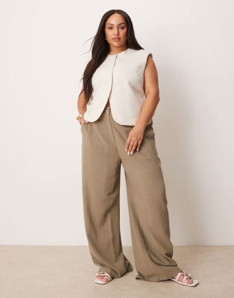 Pantalones caquis de pernera recta holgada de mezcla de lino de ASOS DESIGN Curve - view 1
