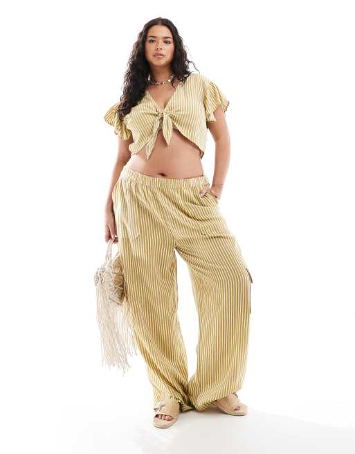 Pantalones cargo amarillos a rayas de corte suelto de mezcla de lino de Noisy May Curve (parte de un conjunto) 