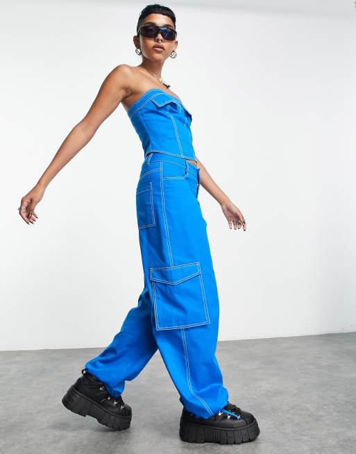 Pantalones cargo azules para festivales con pespuntes en la parte superior de COLLUSION (parte de un conjunto)