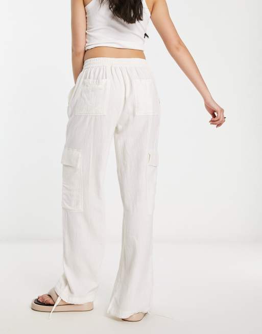 Pantalones cargo blanco hueso sin cierres de mezcla de lino de ASOS DESIGN