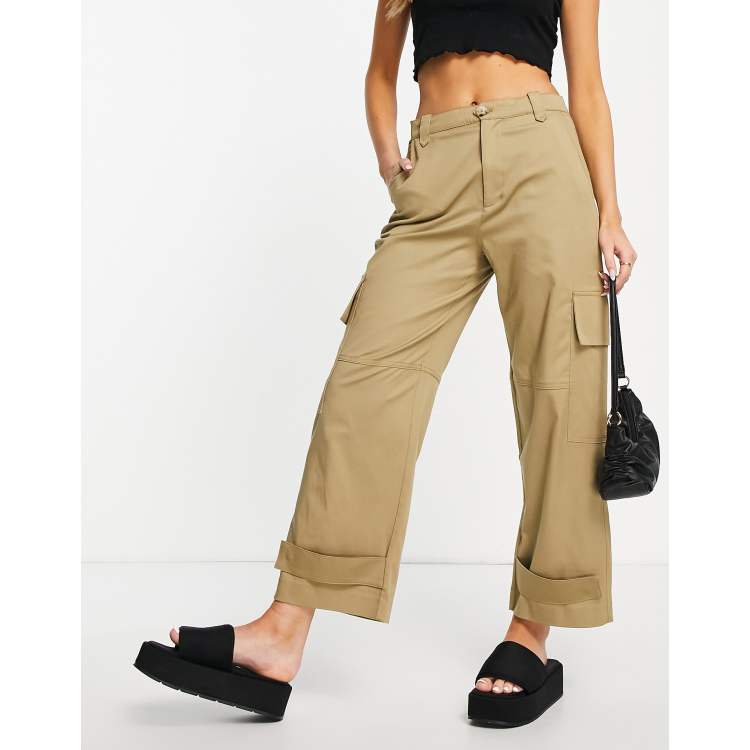 Pantalones Cargo Cortos De Talle Alto En Algodón Caqui para Mujer