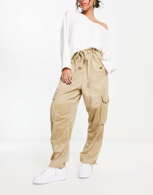 Pantalón cargo de sarga de lino Mujer, Beige