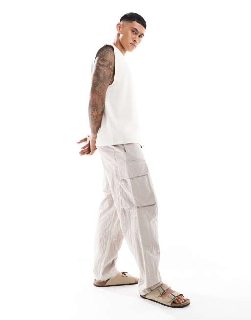 Pantalones cargo color piedra de corte abombado de tejido texturizado de ASOS DESIGN