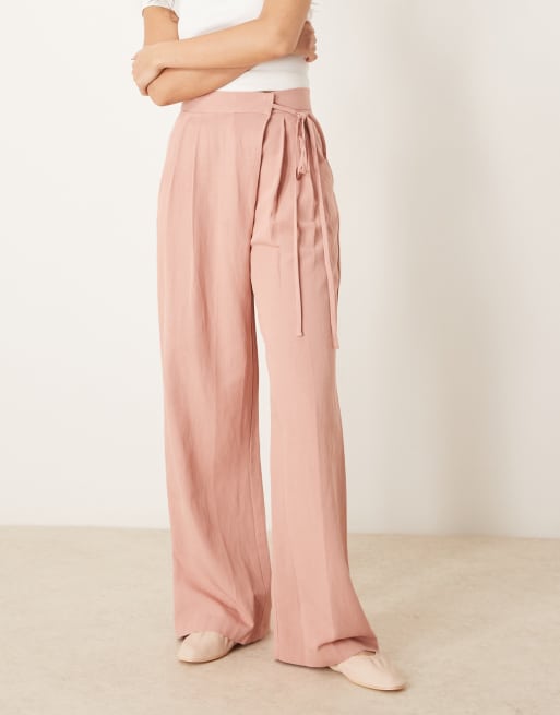 Pantalones color albaricoque de pernera ancha con lazada delantera de lino de ASOS DESIGN, 3 de 5